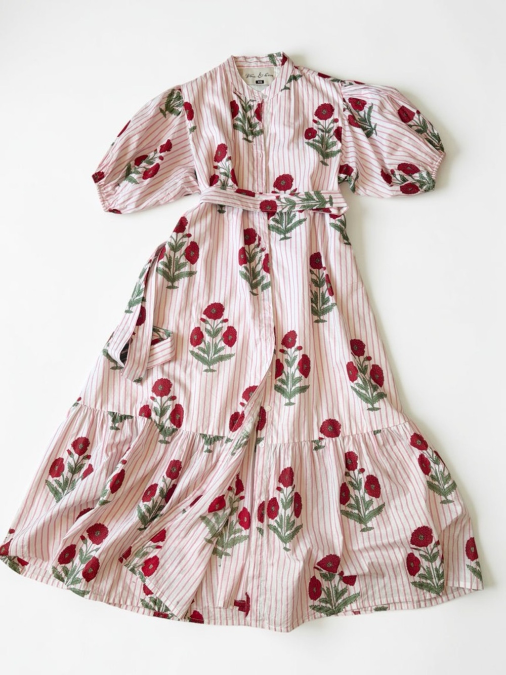Fox & Hen Pink Floral-Striped Midi Shirt Dress Puff Sleeves Tie Waist Size XS - Picture 5 of 12